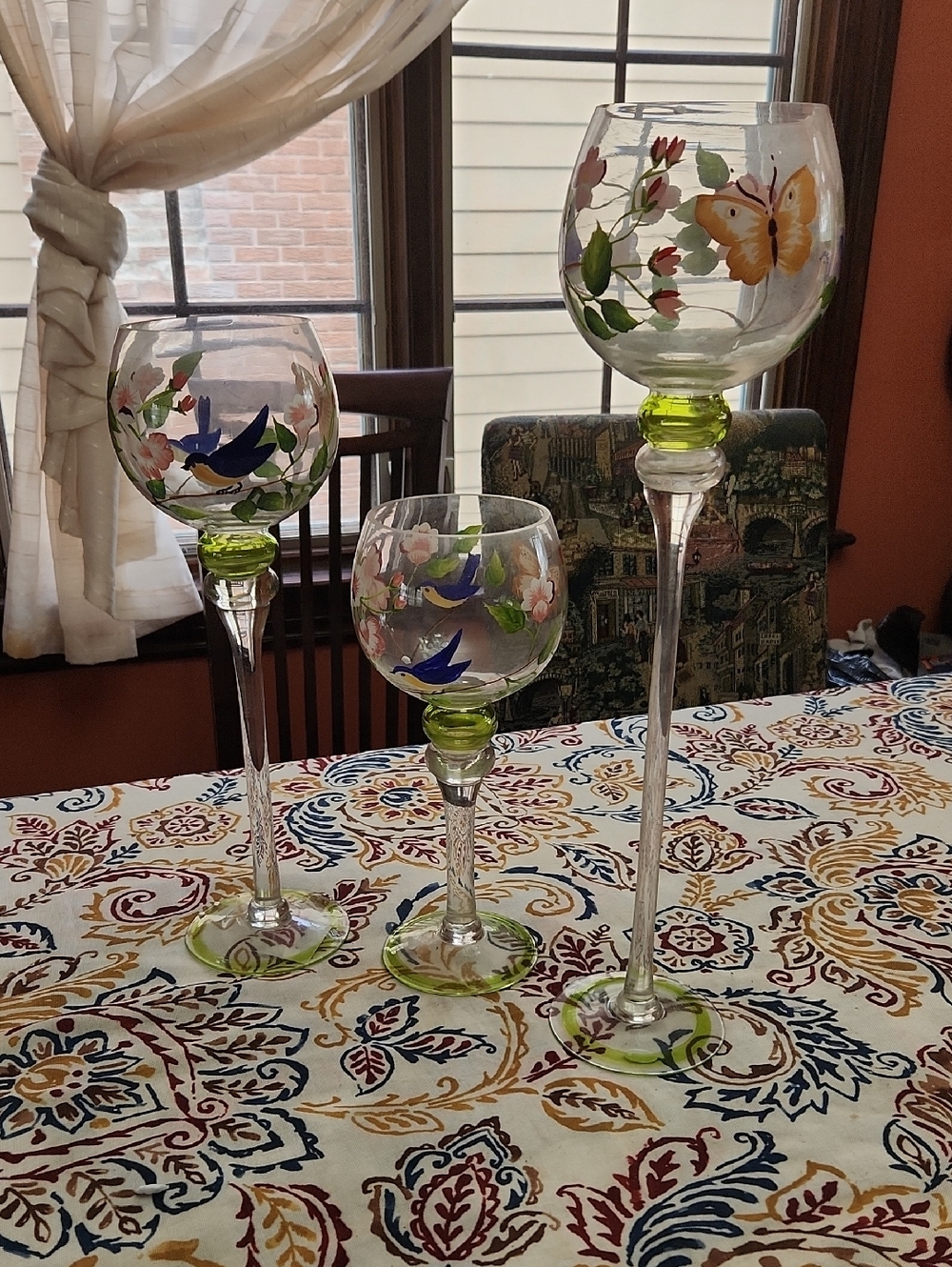 Hand-Painted Floral & Butterfly Glass Candle Holders - Green Accents